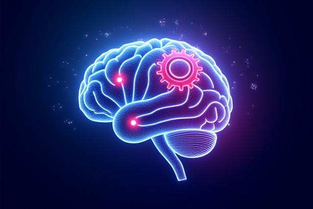 Representación abstracta de propiedad intelectual y creatividad digital, mostrando un cerebro con engranajes y símbolos de arte 3D.